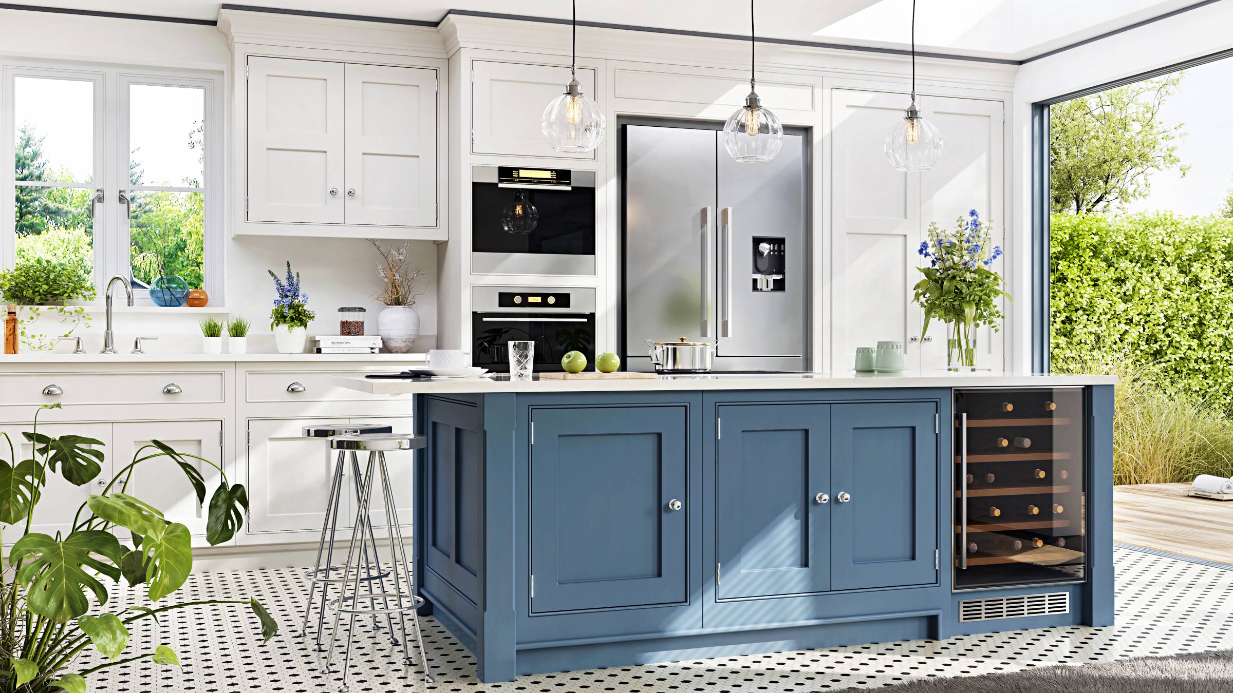 a kitchen with a blue and white island