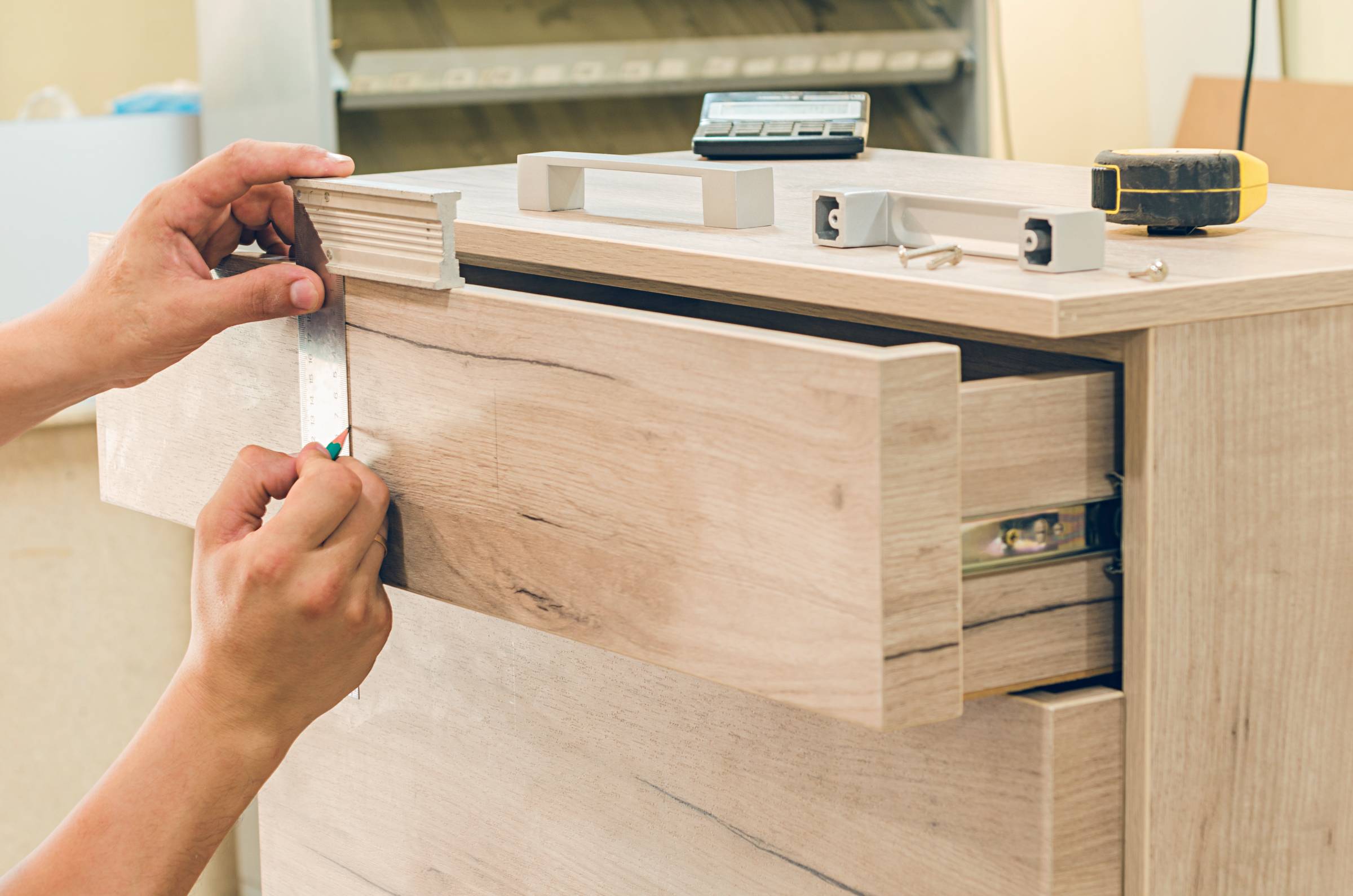 a carpenter marking a cabinet