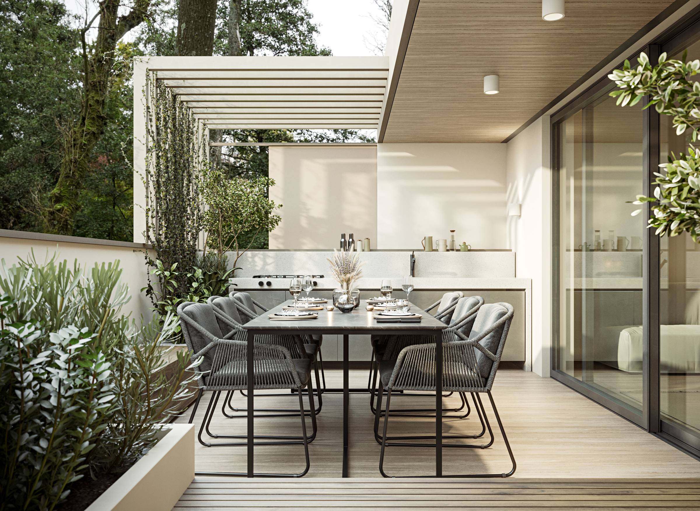 a luxury terrace with a dining area