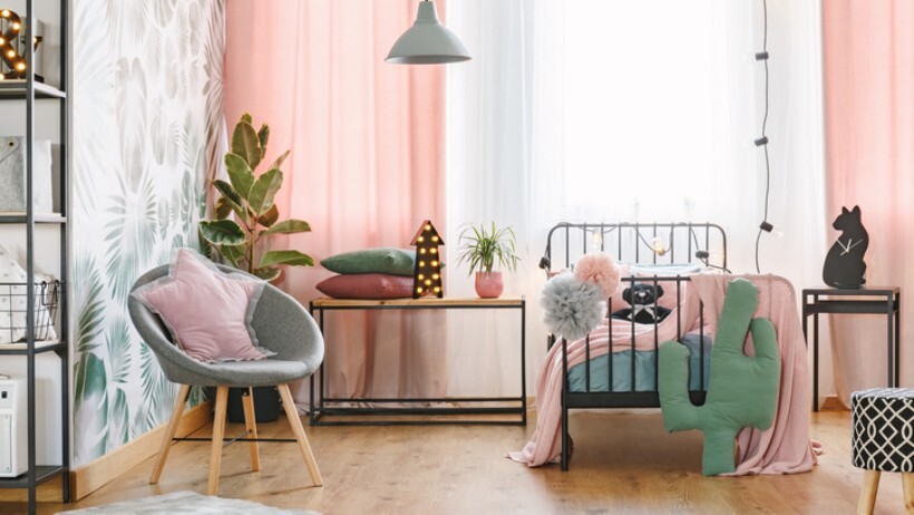 drapes vs curtains vs blinds - light pink drapes or curtains elevating the design of a girl's bedroom