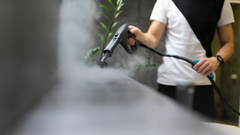 Steam cleaner vs carpet cleaner - a person cleaning the tiles in the bathroom with a steam cleaner