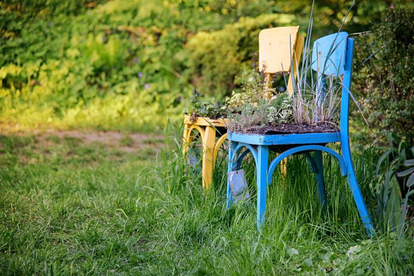 landscaping ideas for small gardens - repurposed chairs in a garden