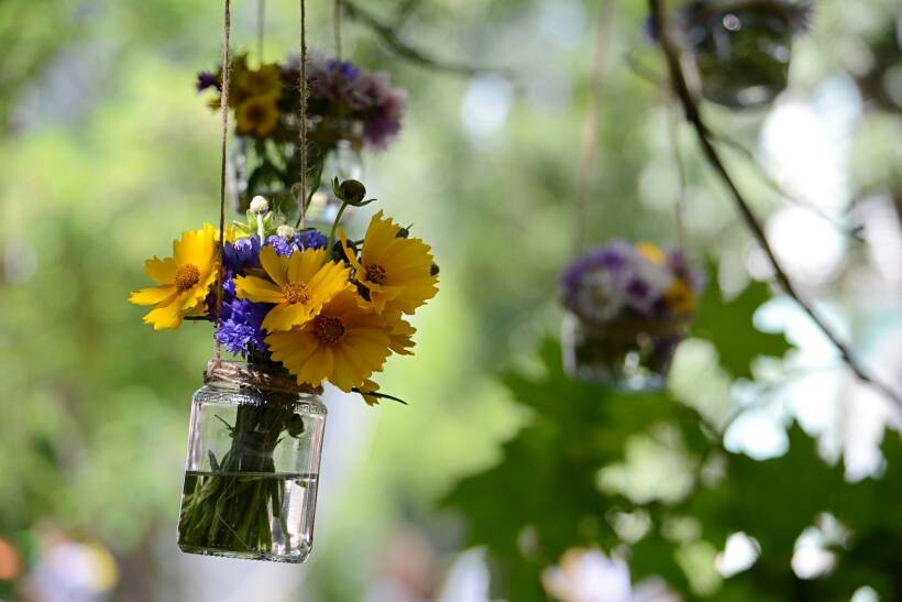 landscaping ideas for small gardens - sunflowers and other plants in hanging glass jars