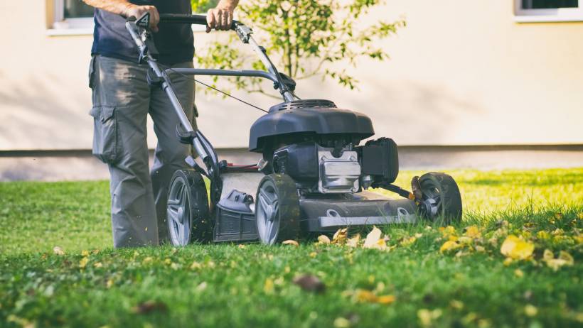 A green push lawn mower with white wheels, in a garden, viewed from a low angle. - lawn mowing cost