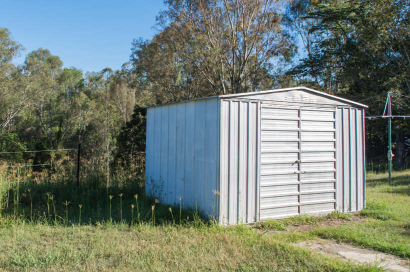 Timber frame shed vs steel — Well-maintained steel shed in a grassy backyard 