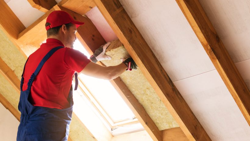 How to insulate a shed - A worker in a red cap and blue overalls installs fibreglass insulation between the wooden beams of a shed roof