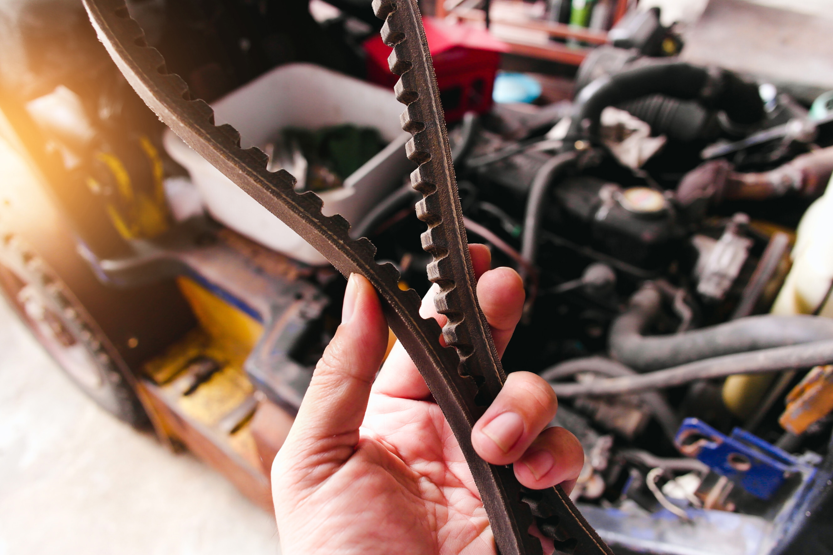 timing belt replacement cost - Mechanic holding a new timing belt for installation