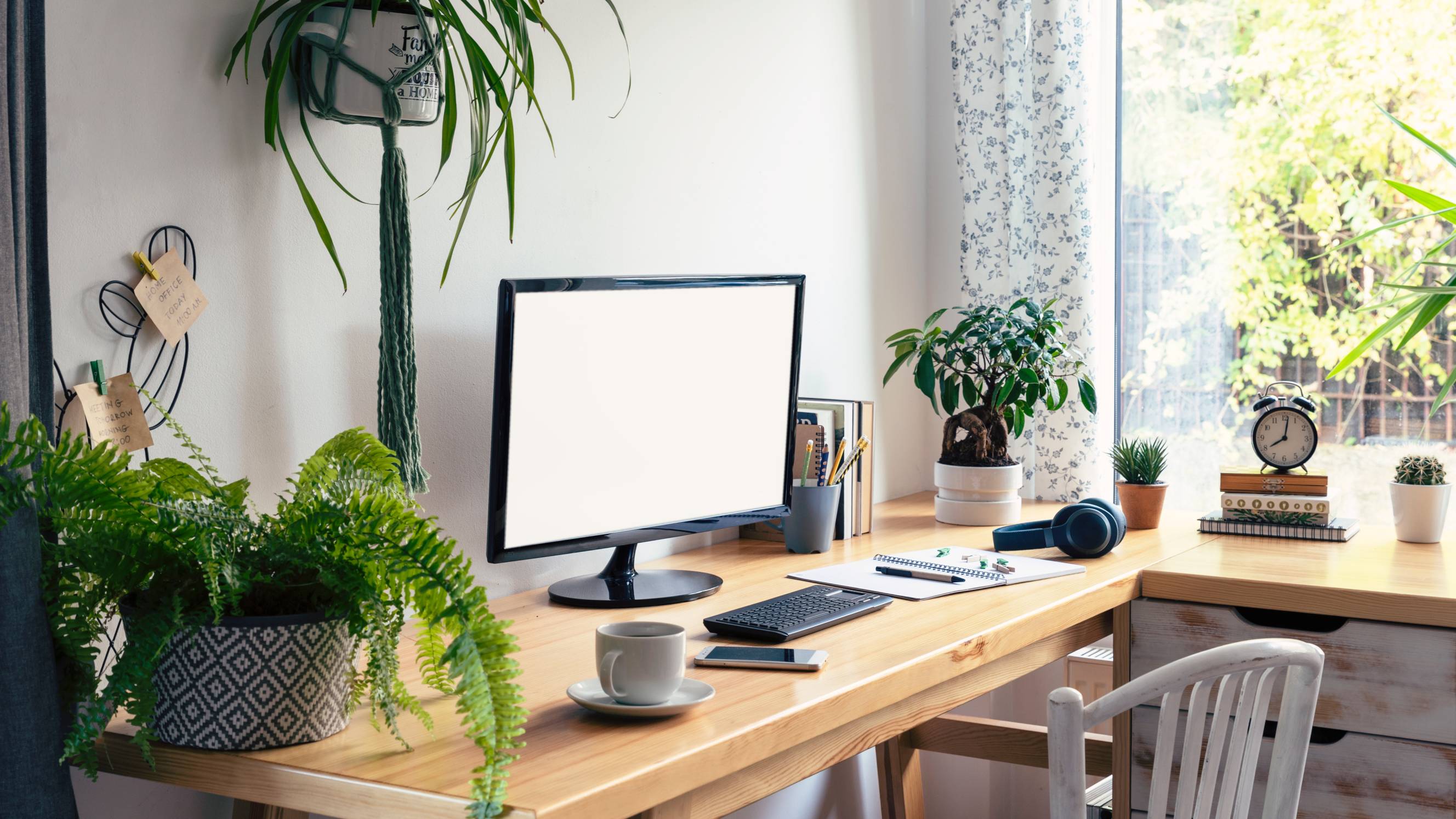 A clean desk with a computer and plants