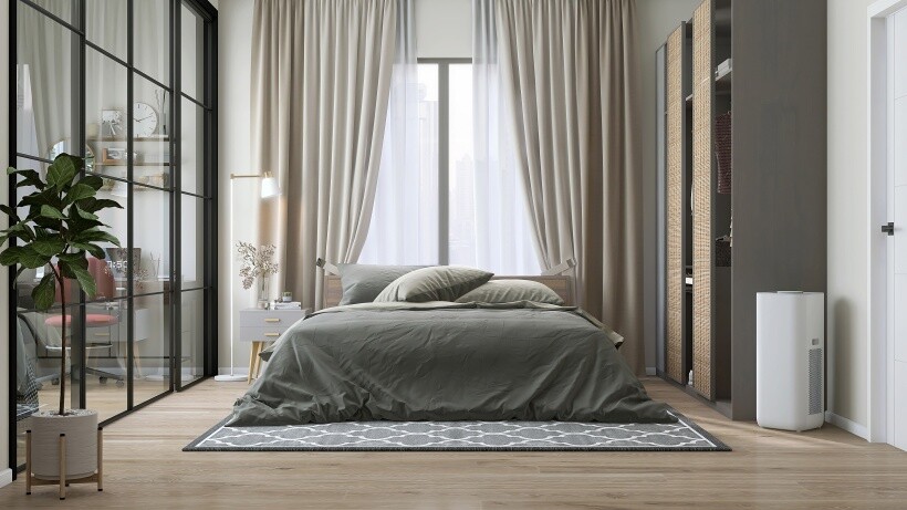Curtain ideas - Bedroom with layered beige blackout curtains and white sheer panels