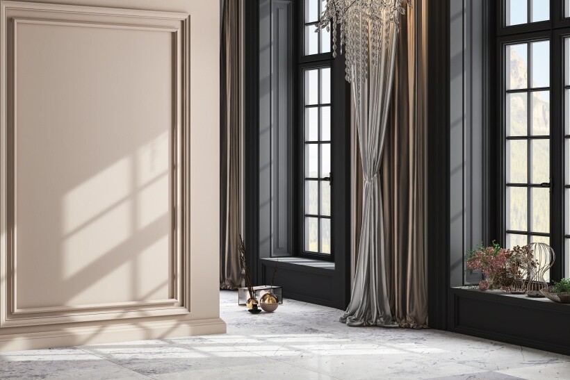 Curtain ideas - Luxurious drapes in a high-ceiling room with chandeliers