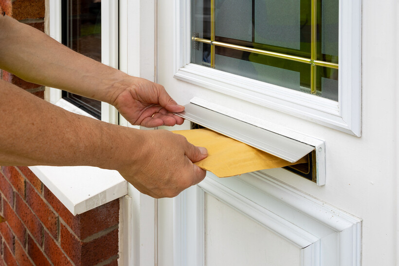 A delivery worker inserting a bubble mailer through a narrow metal door slot. - how to replace a letterbox
