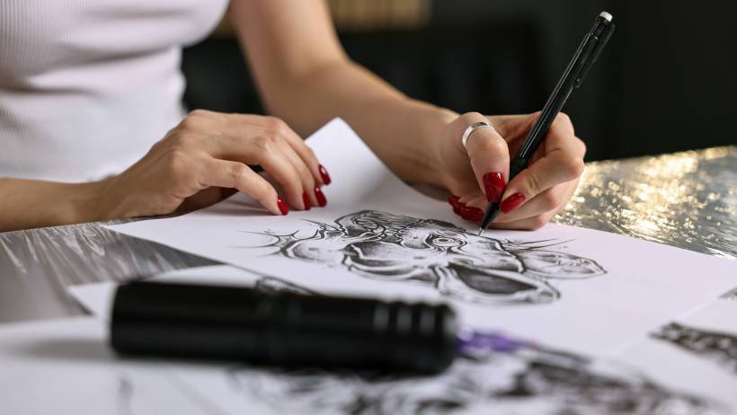 Close-up of the design process, showing a custom illustration being created to help make money as a tattoo artist.