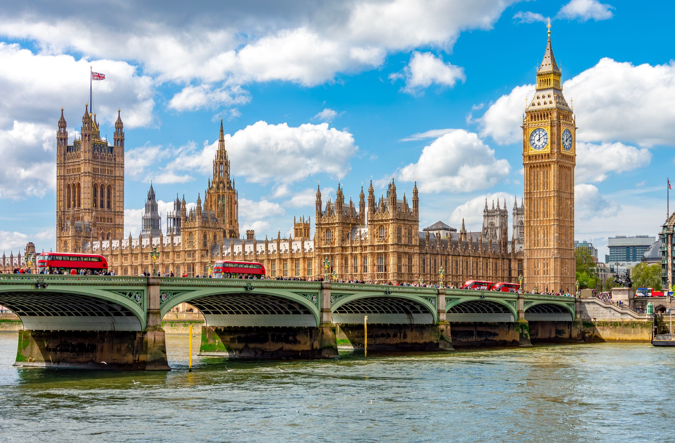 Big Ben tower of Houses of Parliament and Westminster bridge, London, UK