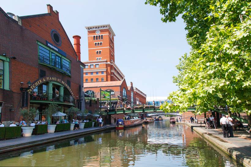 moving to Birmingham - Birmingham Canal Navigations near Brindleyplace on a sunny day with people enjoying the area