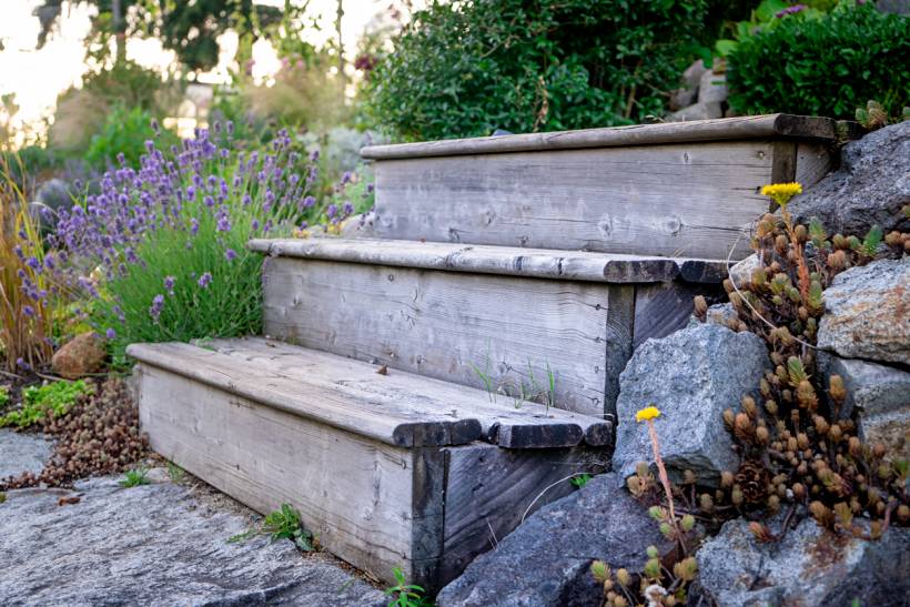 how to build garden steps - Wooden garden steps with timber risers set among natural stone and garden plants