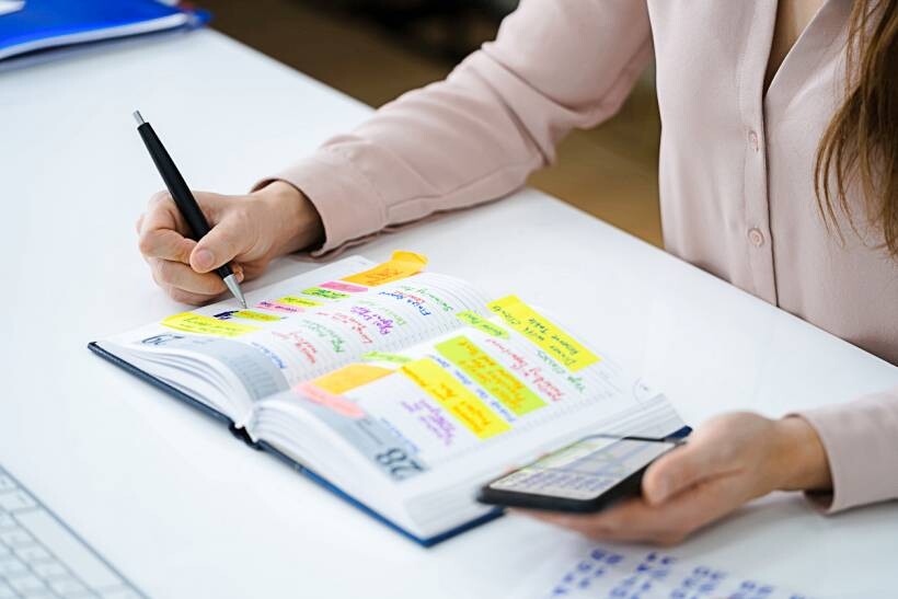 bookkeeper vs accountant - Close-up of professional organising tasks in a planner for accountant or bookkeeper schedule