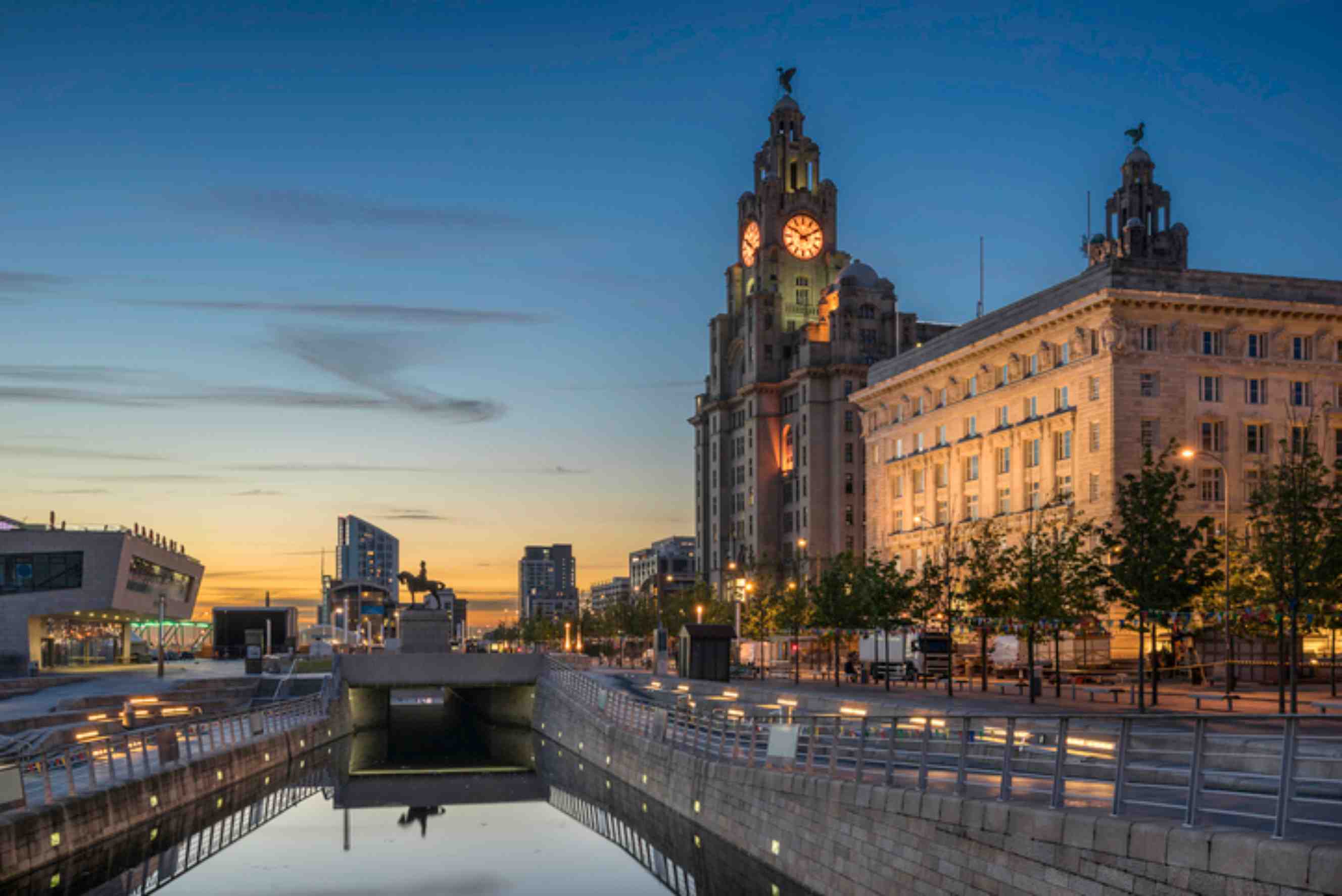 Royal Liver Building and Liverpool waterfront at dusk