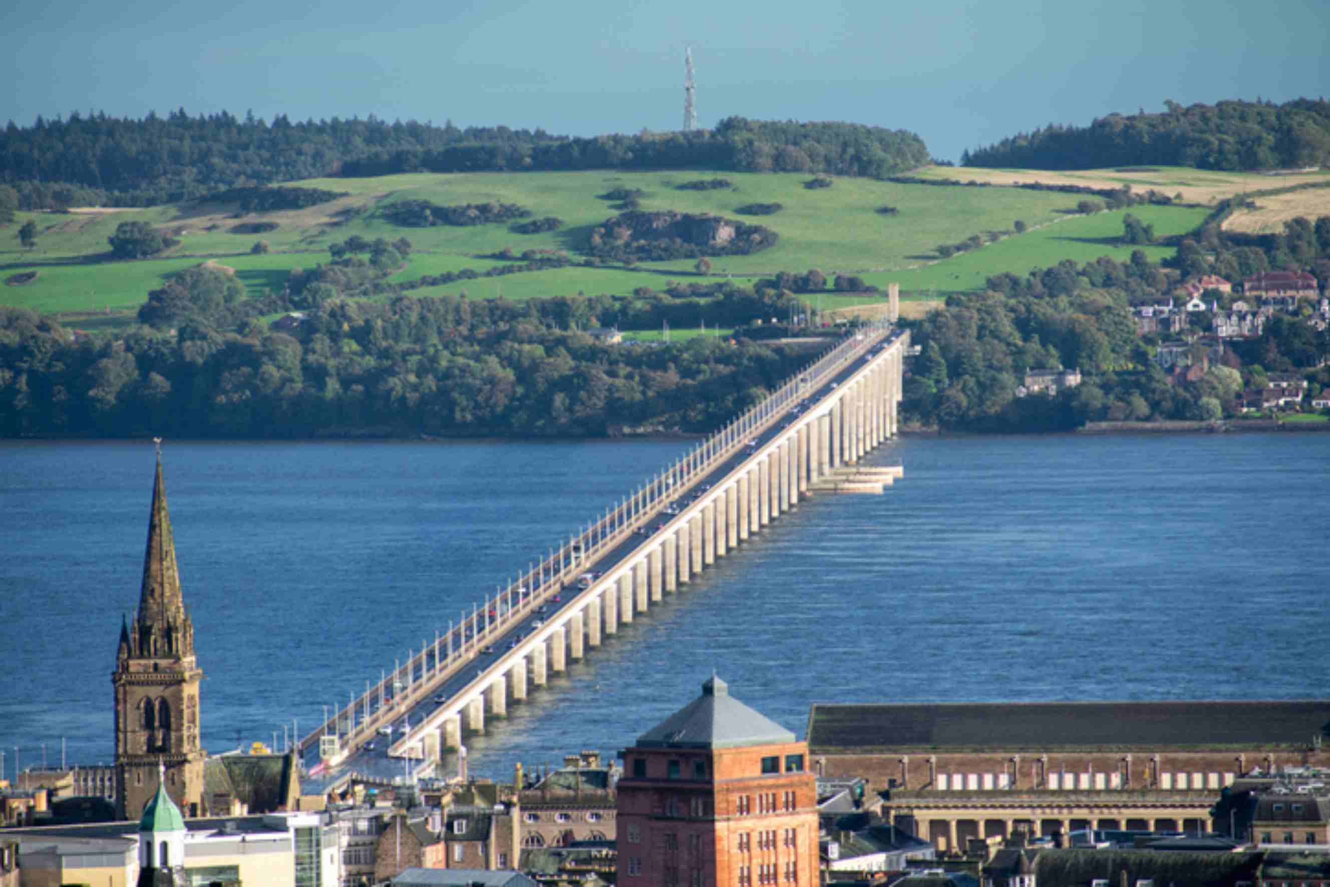 Tay Road Bridge crossing the River Tay with Dundee cityscape in the foreground