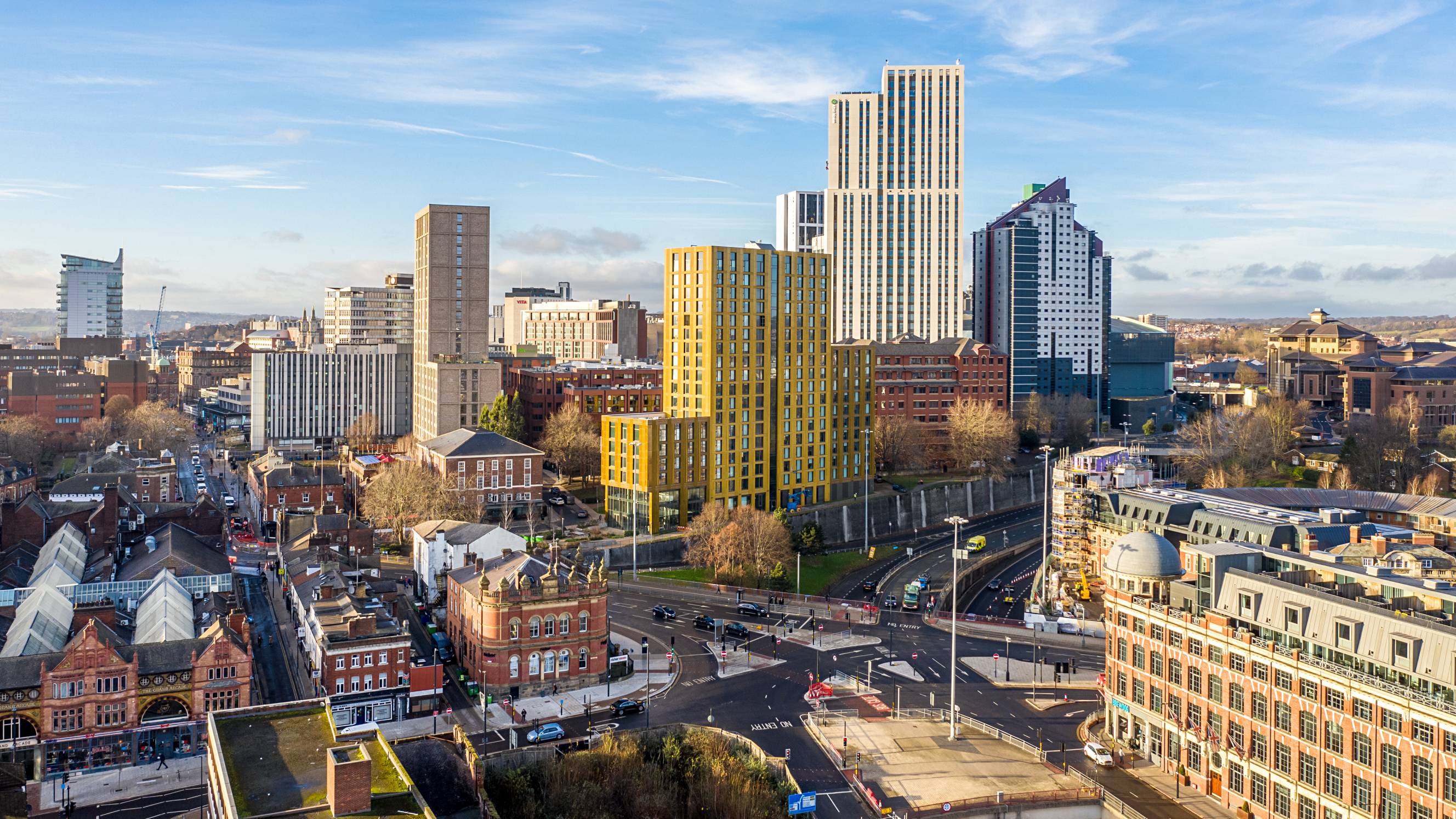 An aerial view of city centre hotels and residential and office blocks in Leeds