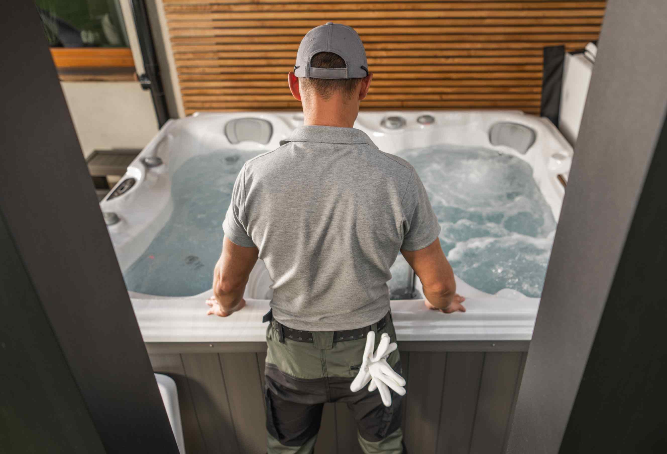 A technician in work clothes examines an old outdoor hot tub, preparing it for hot tub removal and disposal