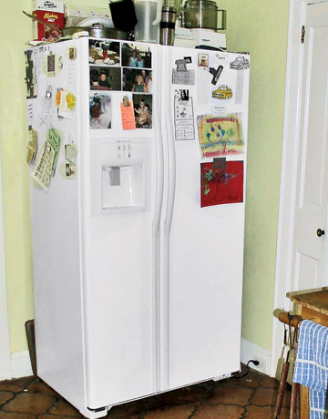 Cluttered refrigerator. 