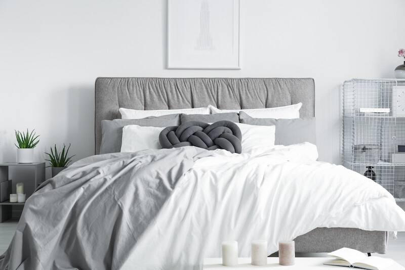 big bed mattress bedroom white grey theme minimalist