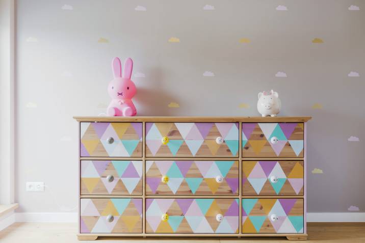 pastel patterned paint on kid's dresser furniture