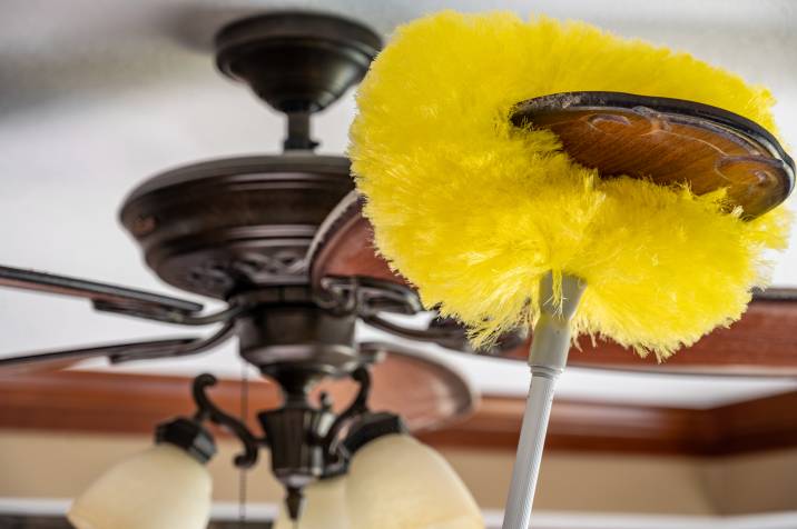 dusting a ceiling fan with wand feather duster