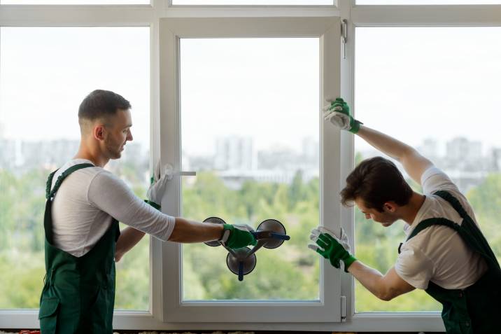 handymen mounting a window pane