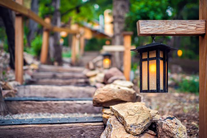 electric lantern by an outdoor stairway
