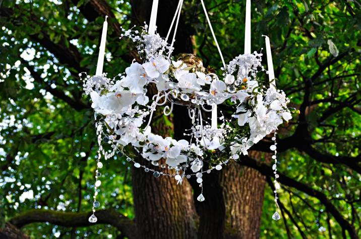 outdoor chandelier in a garden