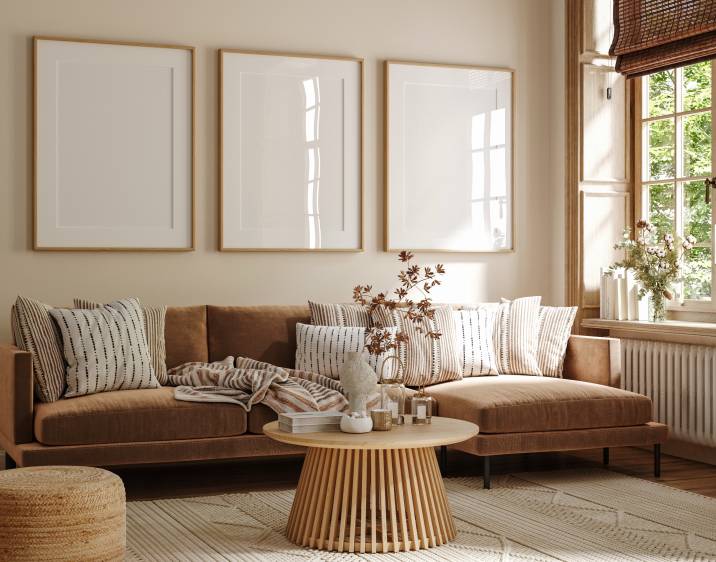 Living room in beige and brown colors
