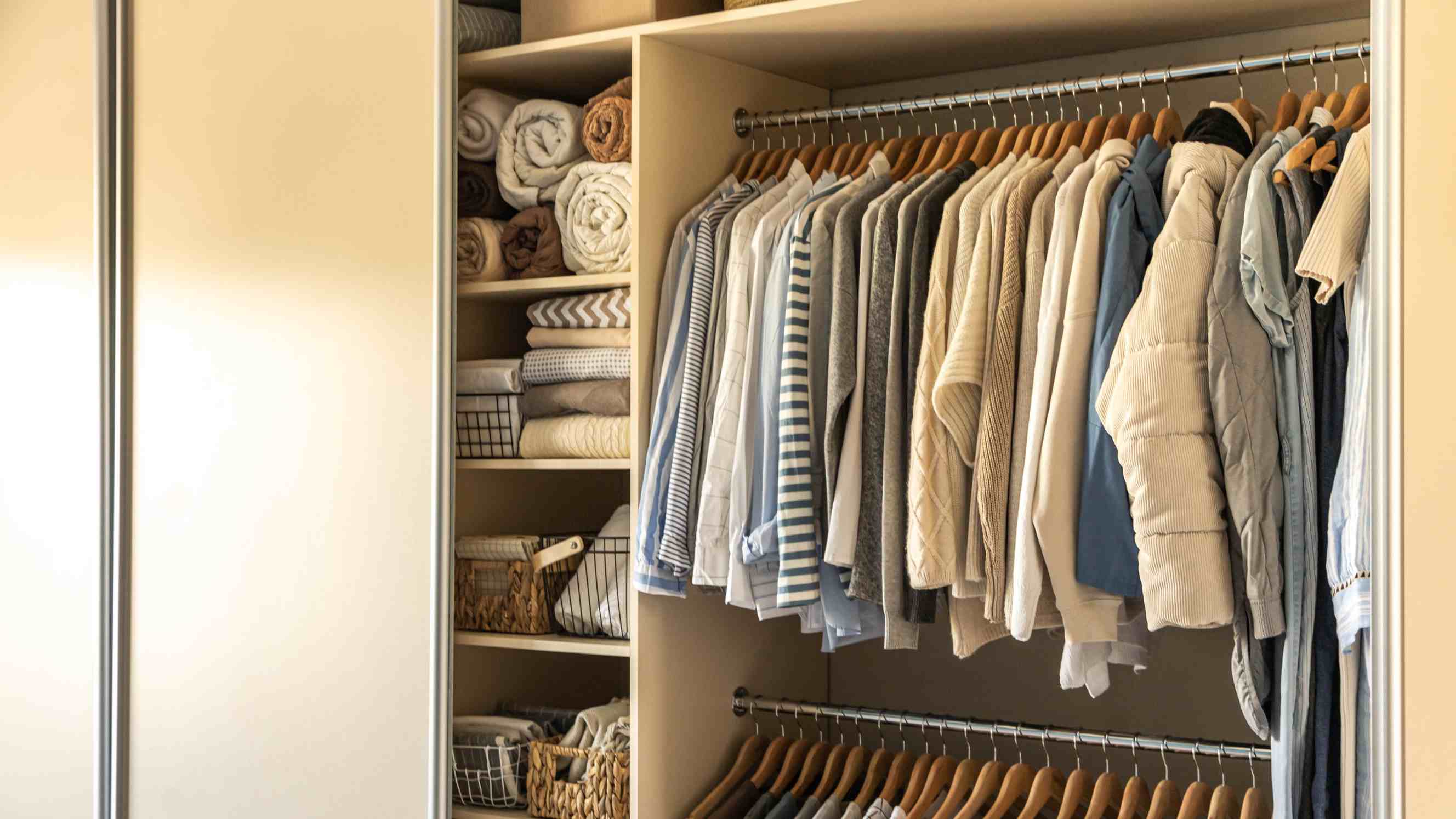 a wardrobe or closet with different stylish clothes 