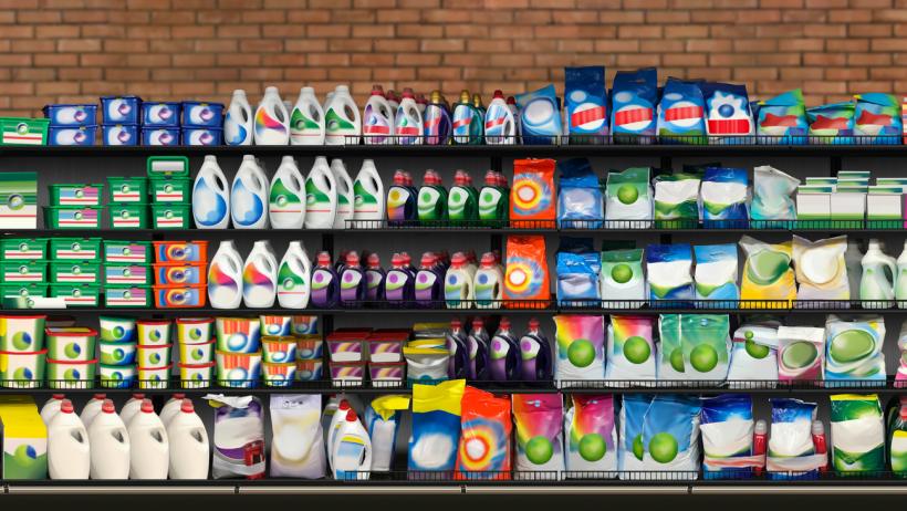 Fabric conditioner vs detergent - Detergents and fabric conditioners on shelf in supermarket