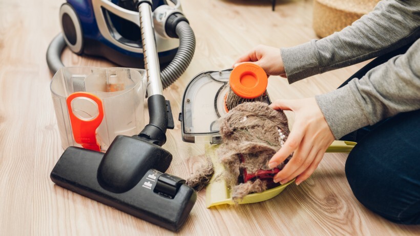 Bagged vs bagless vacuum - A person removes garbage and cat's hair from dust filter of vacuum cleaner