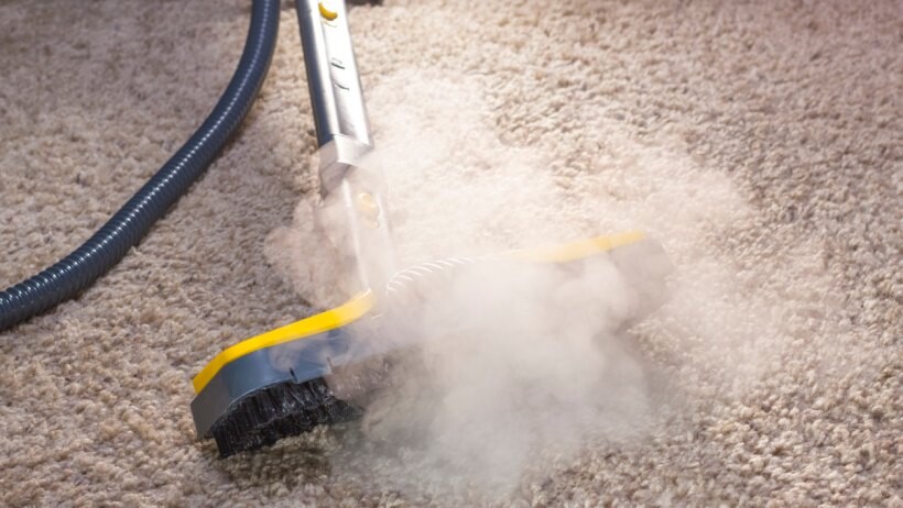 Steam cleaner vs carpet cleaner - a person using a steam cleaner to sanitize a floor carpet