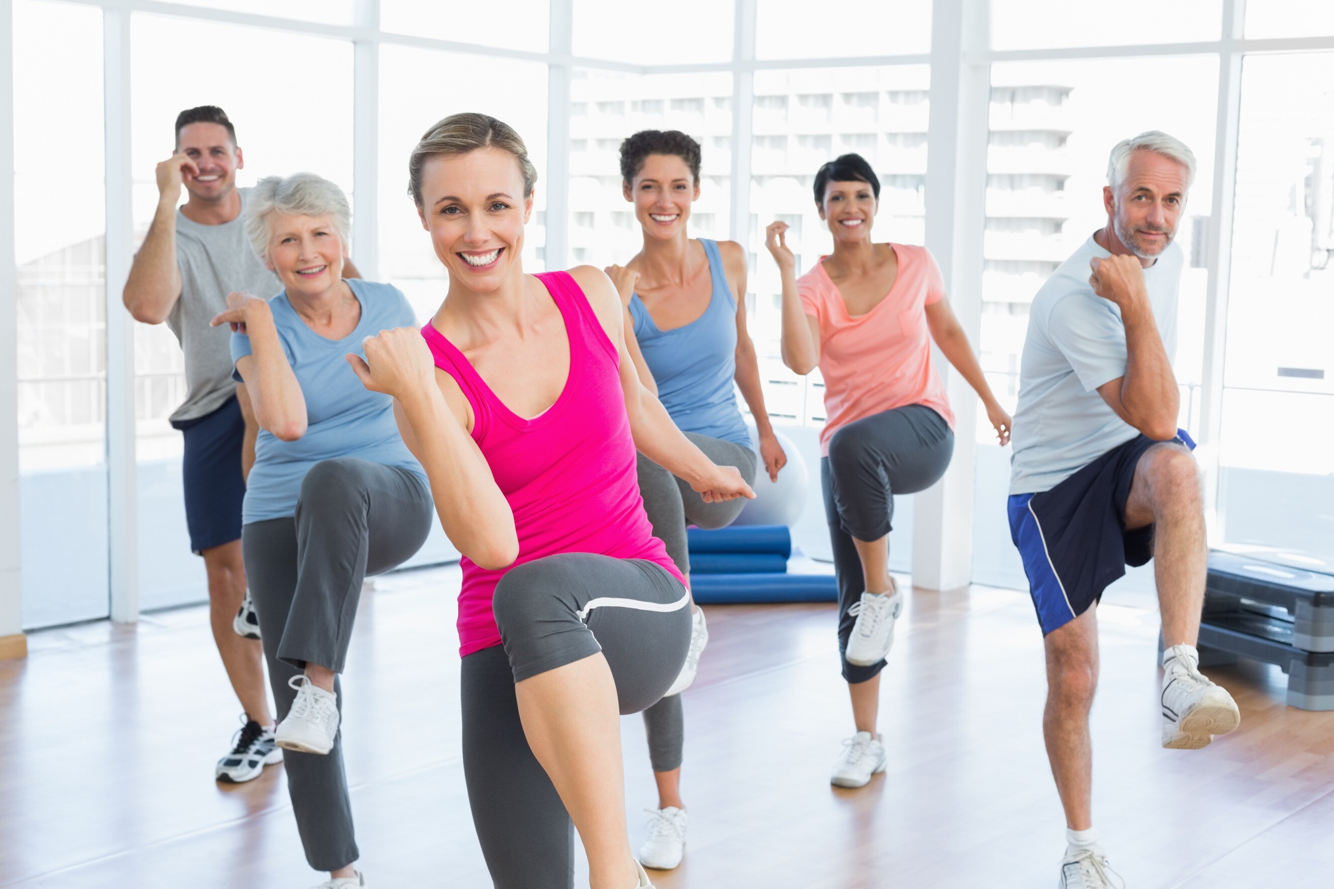 A group of people engaged in an exercise or aerobic fitness class