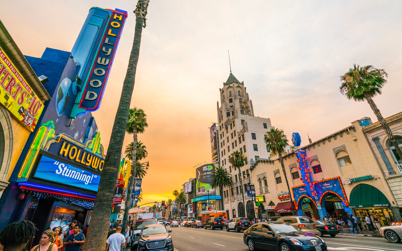 Cars driving down a palm tree-lined boulevard during a golden sunset. - moving to Los Angeles