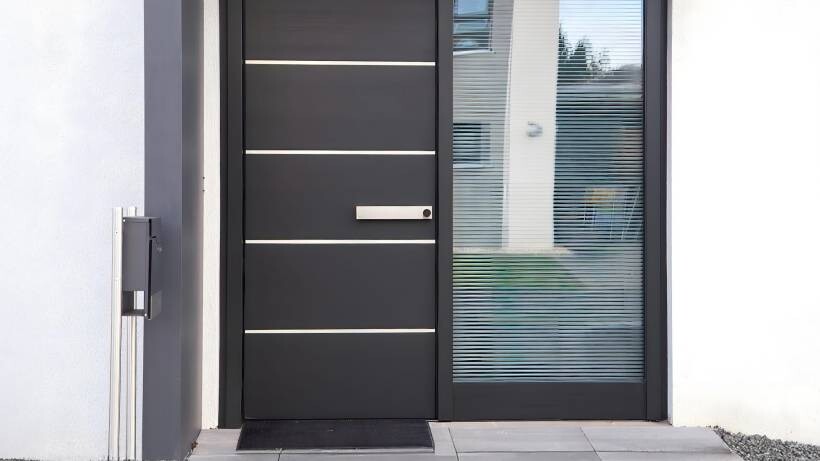 Modern charcoal gray storm door with horizontal silver inlay stripes and a sleek rectangular handle next to a matching glass side panel. - storm door installation cost
