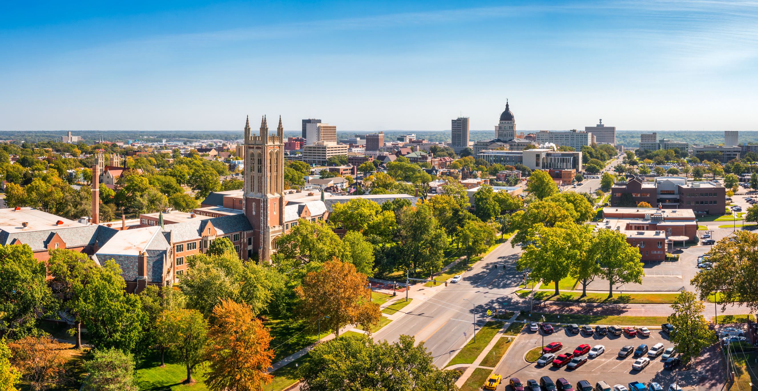 Aerial panorama of Topeka, Kansas along the 10th Avenue.