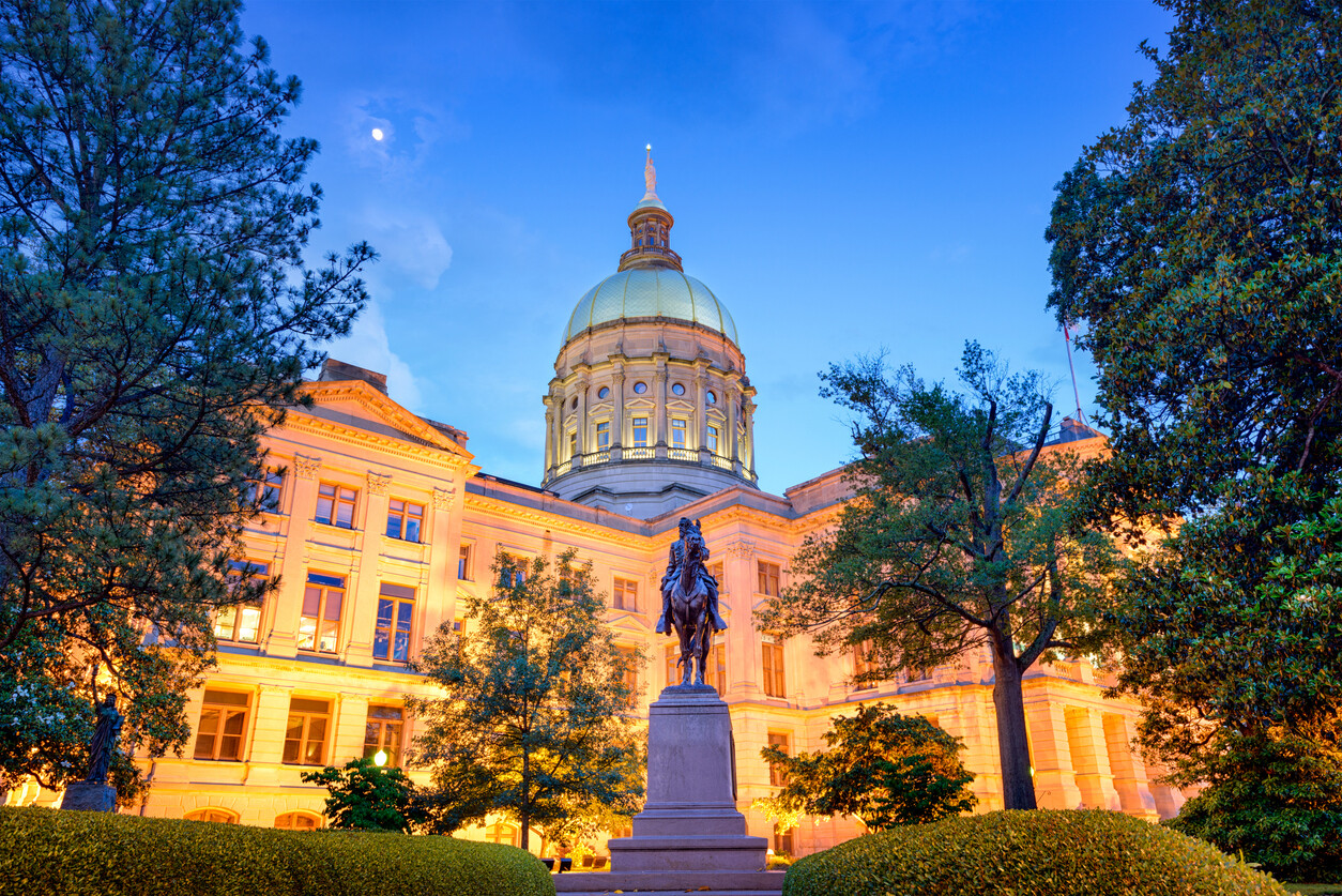 Georgia State Capitol building in Atlanta illuminated at dusk