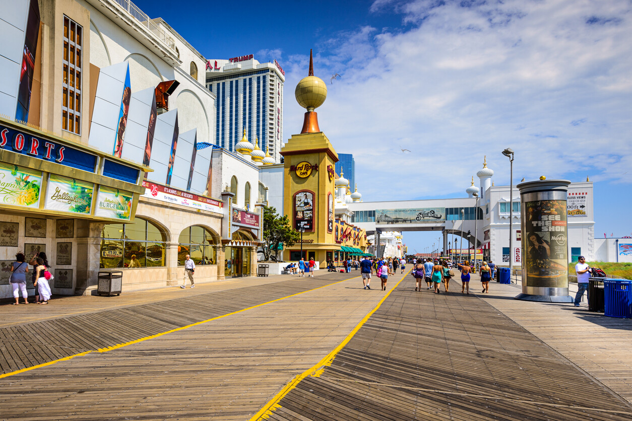 Atlantic City boardwalk with shops and hotels in New Jersey