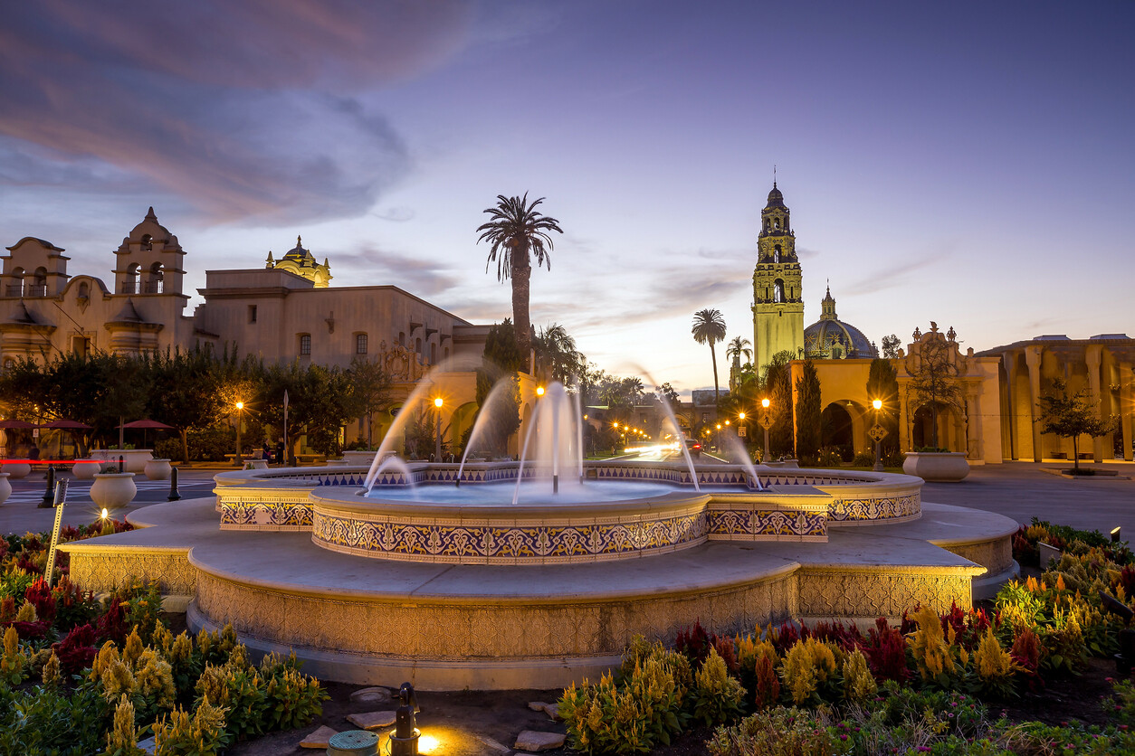 Buildings and fountain in Balboa Park, San Diego, California
