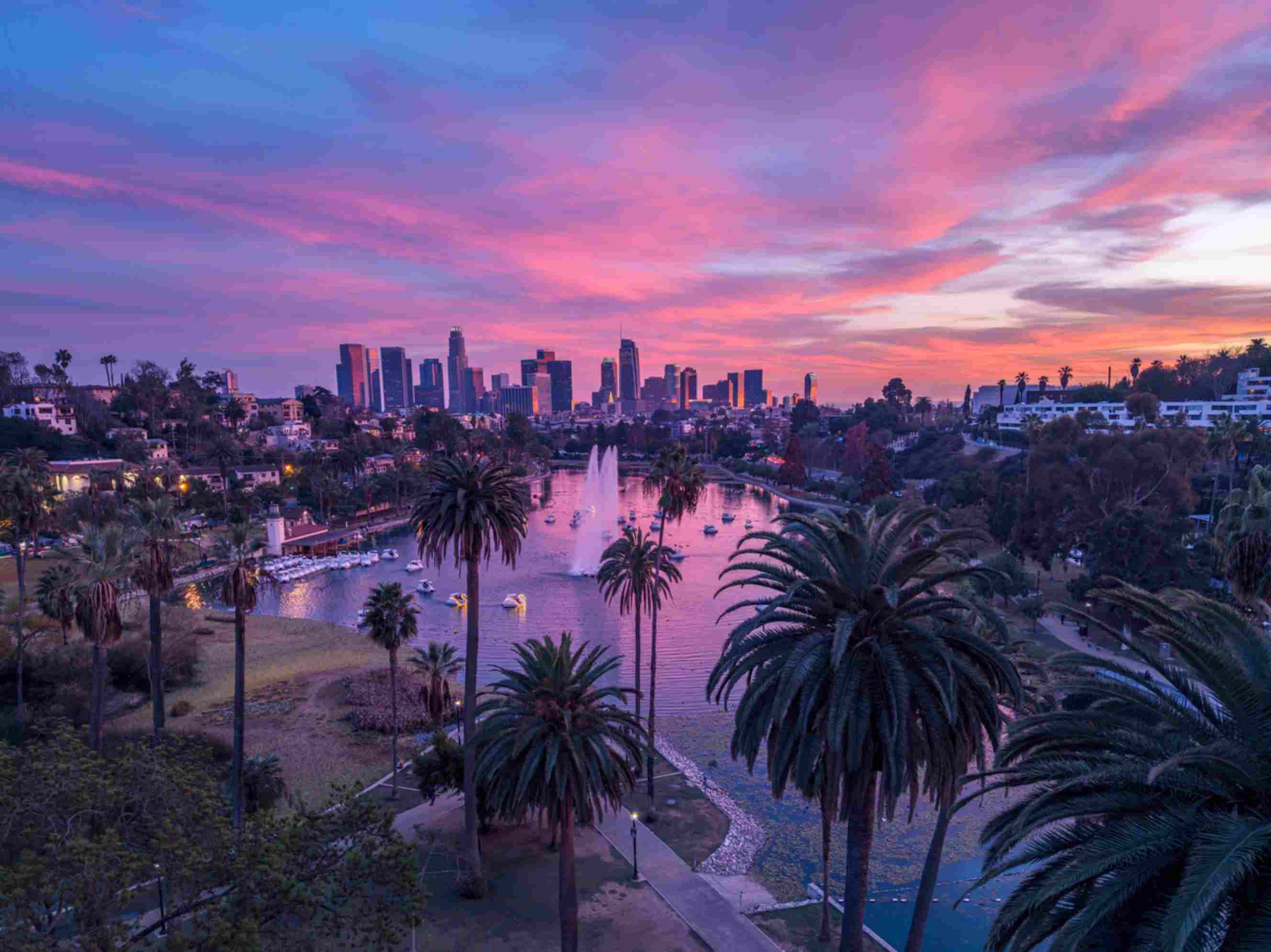Los Angeles skyline and Echo Park at sunset, a popular destination for people moving from Chicago