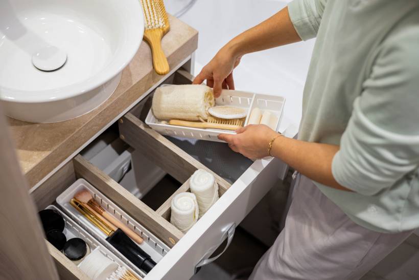 how much does decluttering cost - Bathroom vanity drawer with storage trays and rolled towels