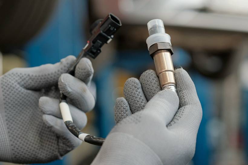 catalytic converter replacement cost - Mechanic holding automotive oxygen sensor and electrical connector