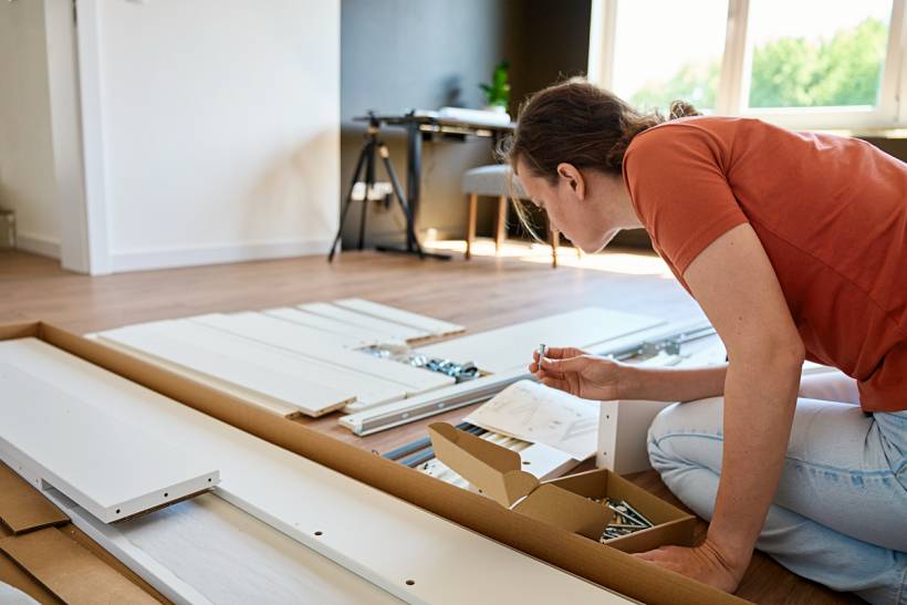 IKEA furniture assembly cost - Woman assembling flat-pack furniture at home