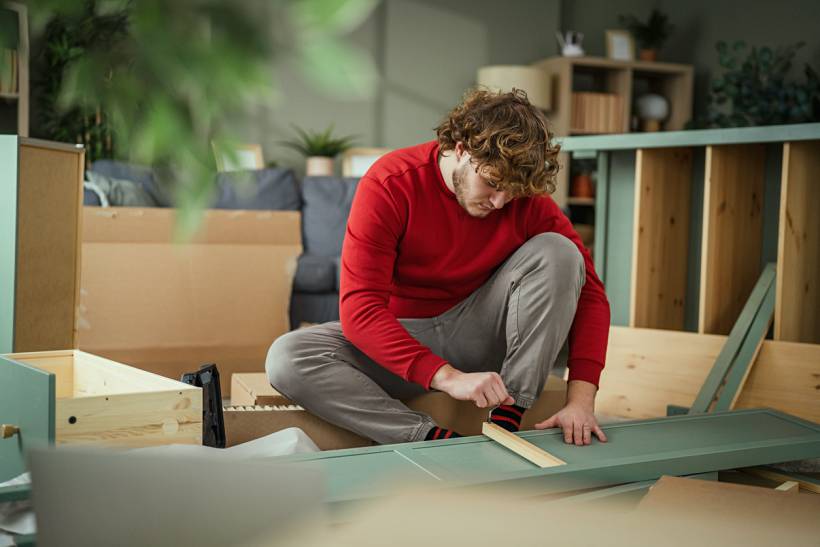 IKEA furniture assembly cost - Man assembling green flat-pack furniture at home