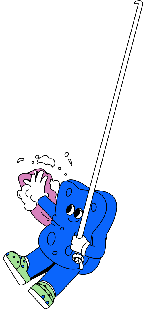 Spongey character with cleaning supplies, ready to get anything done.