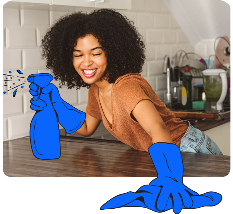 A Tasker cleaning up a bench.